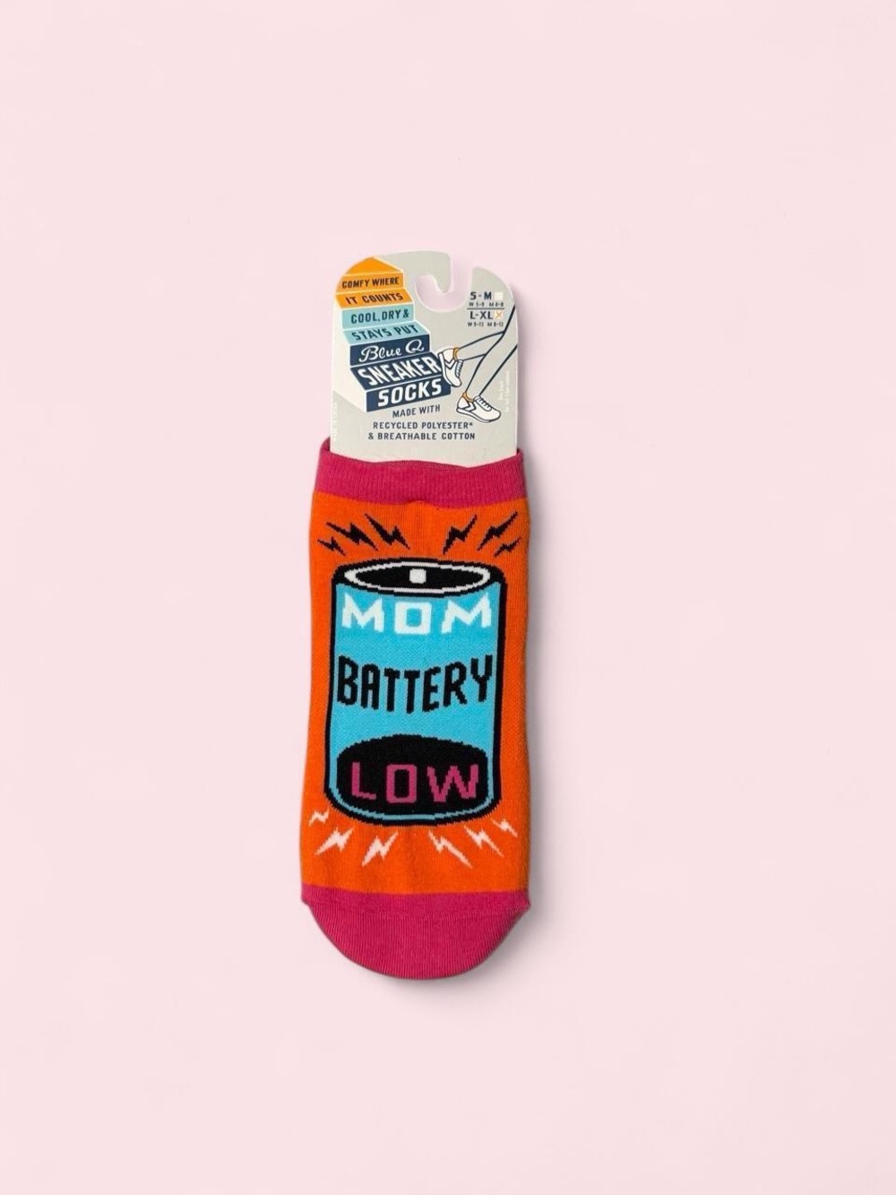 Blue Q Mom Battery Low Orange & Pink Novelty Sneaker Socks